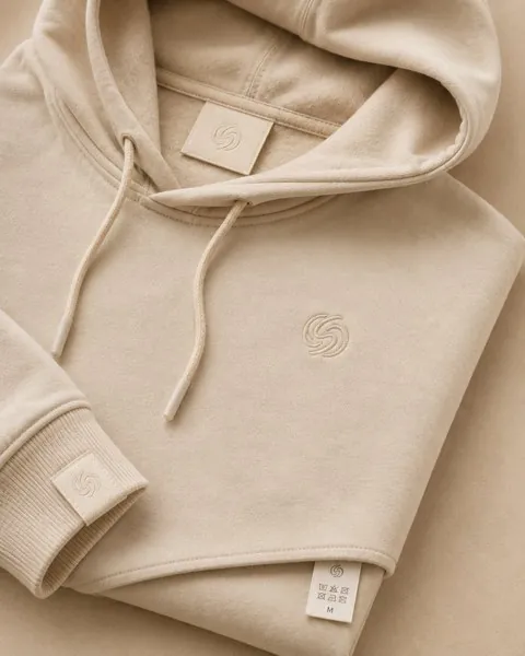 Cream hoodie with embroidered chest logo, woven neck label, sleeve tab and care label private-label branding by Shanlinyang Apparel
