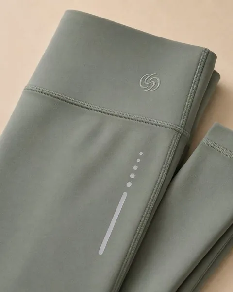 Sage-green leggings with embroidered waistband logo and reflective leg print custom activewear branding by Shanlinyang Apparel