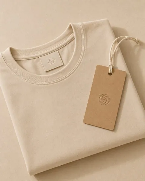 Folded cream tee with embroidered neck label and kraft hangtag custom woven label and hangtag by Shanlinyang Apparel