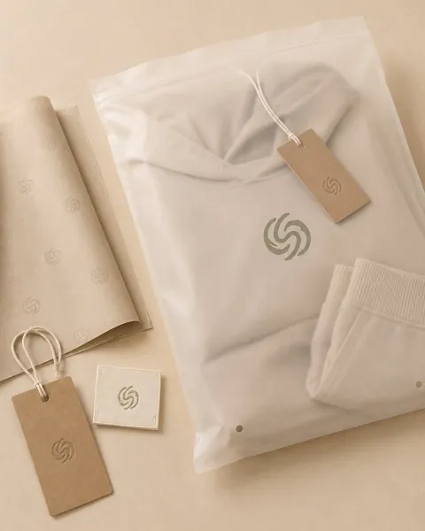 Branded packaging set: kraft hangtag, woven fabric label, frosted poly mailer and tissue paper with logo Shanlinyang Apparel