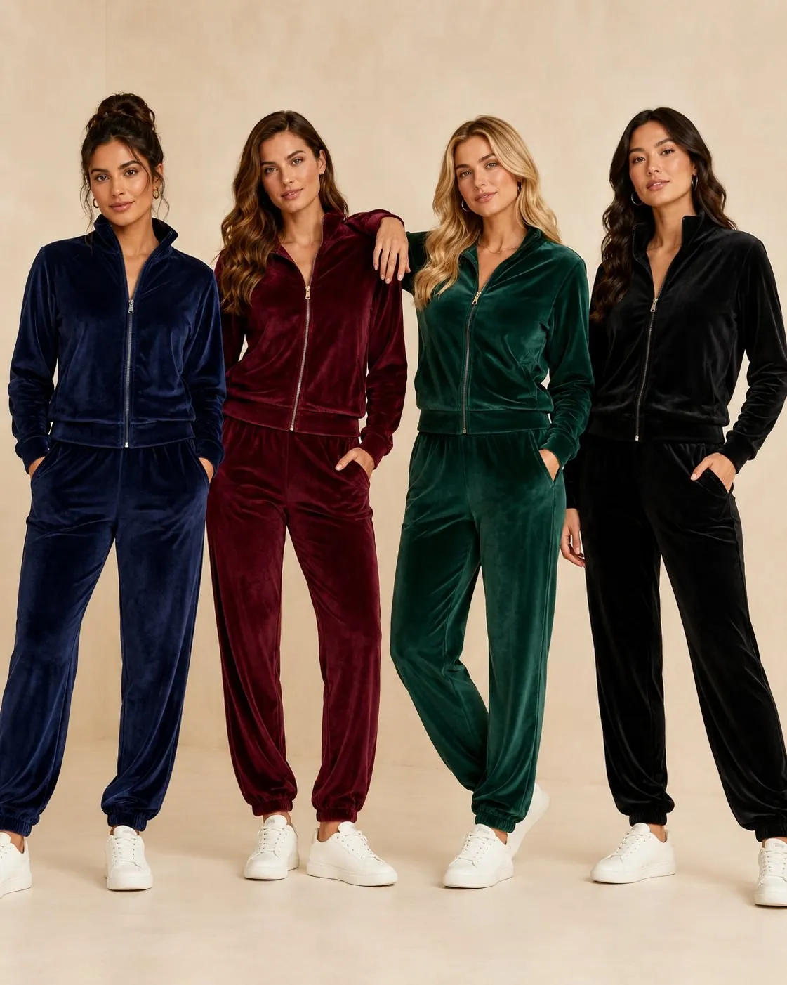 Four models in velour tracksuits Shanlinyang Apparel