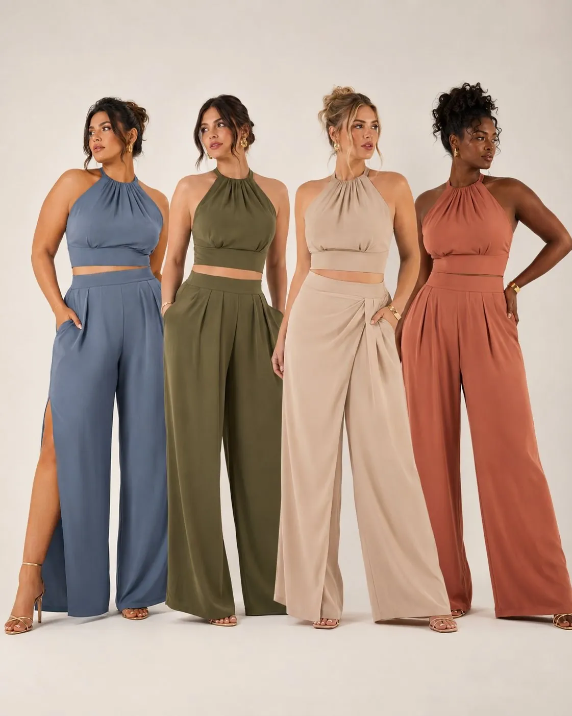 Four models in coordinated two-piece sets Shanlinyang Apparel private label