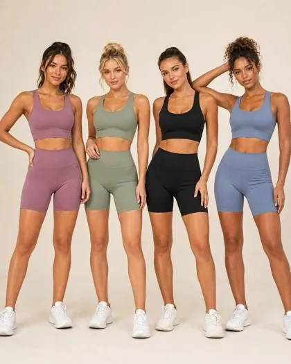 Four models in seamless yoga sets bra top and high-waist shorts, Shanlinyang Apparel private label