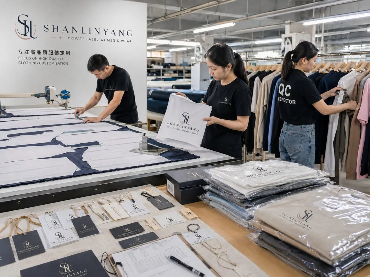 Shanlinyang Apparel cutting room and QC station fabric spreading, inline inspection and branded poly-bag packaging