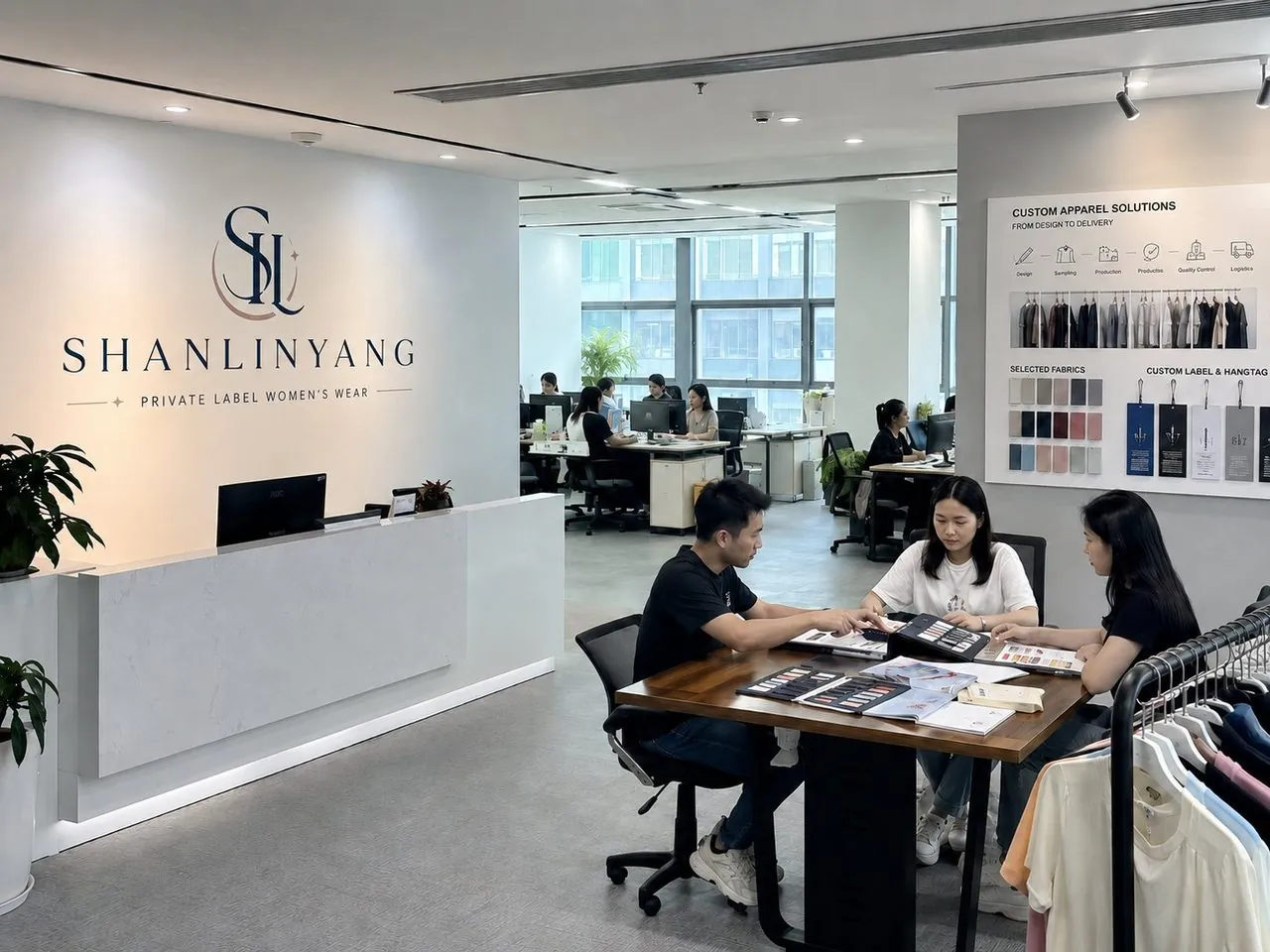Shanlinyang Apparel head office and showroom in Xiamen team reviewing fabric swatches, tech packs and trims