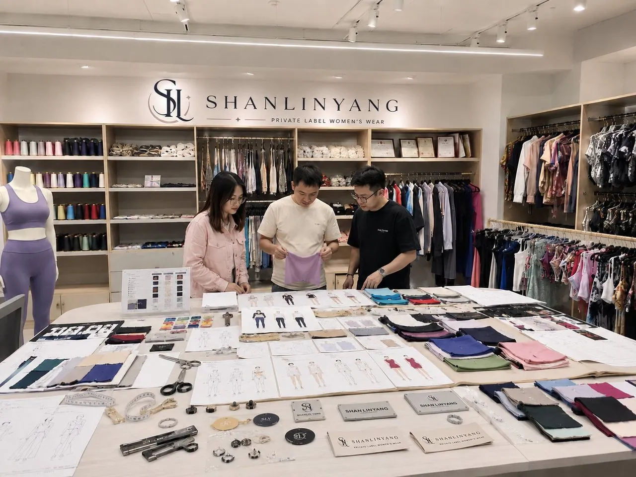 Shanlinyang Apparel design and sampling studio tech packs, color cards and fabric swatches for a private-label development