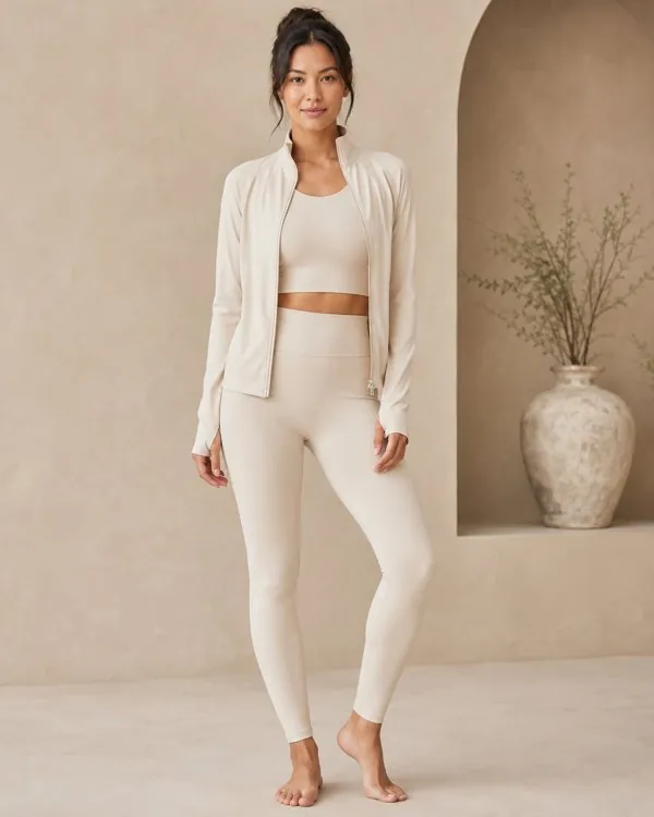 Cream knit set + cardigan Loungewear · Yoga, on-model studio photo by Shanlinyang Apparel