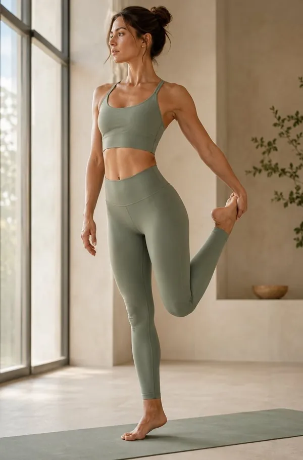 Sage strappy active set Activewear · Yoga, on-model studio photo by Shanlinyang Apparel