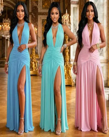 Deep-V halter neck maxi dress with high slit in sky blue, mint green and pink, evening gown by Shanlinyang Apparel