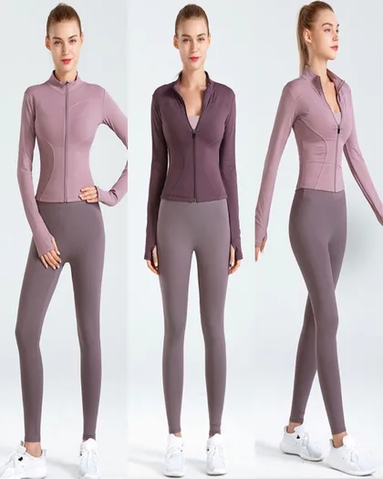 Zip-up jacket and legging two-piece set in mauve pink and dark purple, private label activewear by Shanlinyang Apparel